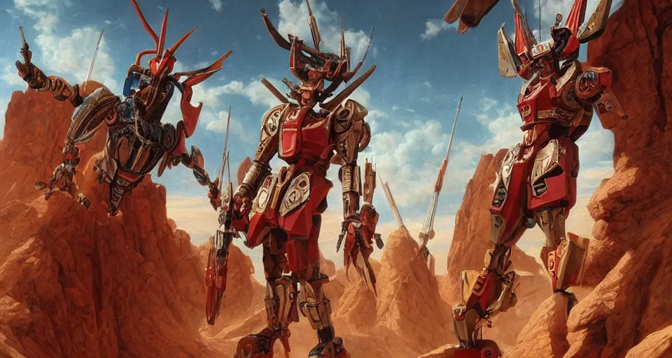 Image similar to realistic portrait beautiful detailed renaissance painting of cinematic movie scene, voltes v build up in sahara dessert. action sequence, created by gustave dore and greg rutkowski, high detailed, smooth draw, synthwave neon retrofuturism, intricate, realistic proportions, dramatic lighting, trending on artstation.