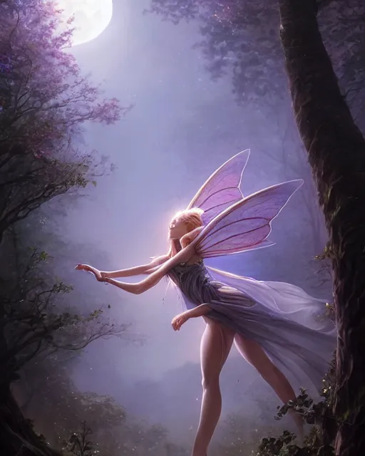 Image similar to attractive fairy goddness fly high in the night, d & d, fantasy, mist, full moon in background, trees, hyper detailed, art by artgerm and greg rutkowski and magali villeneuve, midium shot, 8 k realistic, cryengine, digital painting, trending on artstation, concept art, sharp focus, illustration,