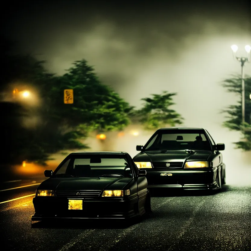 Image similar to one car JZX90 twin turbo drift middle of empty street, misty kanagawa prefecture, night, cinematic color, photorealistic, highly detailed,