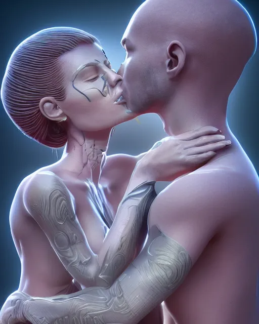 Image similar to 3 d render of kissing couple by luis toledo and alex grey and beeple, neosurrealism. digital art, pixel art, concept art, octane render, trending on cgsociety, trending on artstation