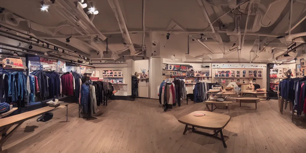 Image similar to New Balance Pop Up store, interior of vintage ferry, warm ambient lighting,