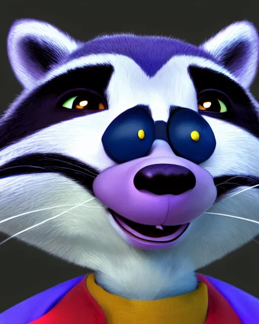 Prompt: closeup portrait of sly cooper raccoon, disney, pixar,