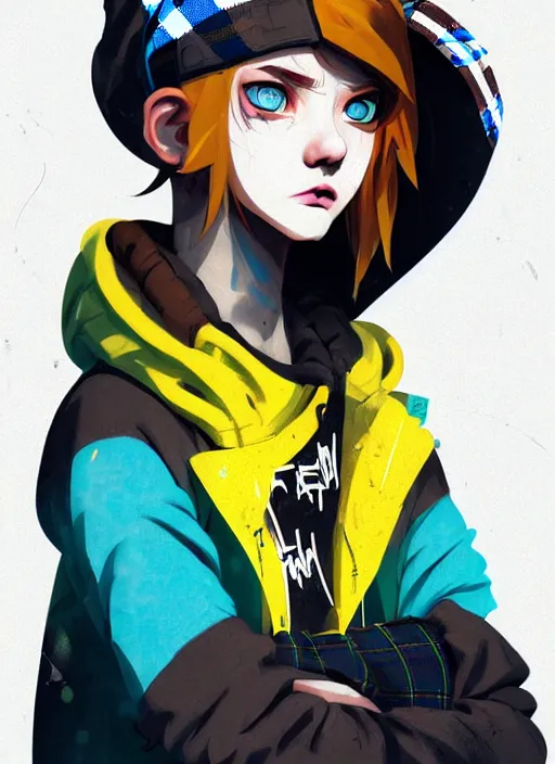 Prompt: highly detailed portrait of a sewer punk lady student, blue eyes, tartan hoody, hat, white hair by atey ghailan, gradient yellow, black, brown and cyan color scheme, grunge aesthetic!!! ( ( graffiti tag wall ) )