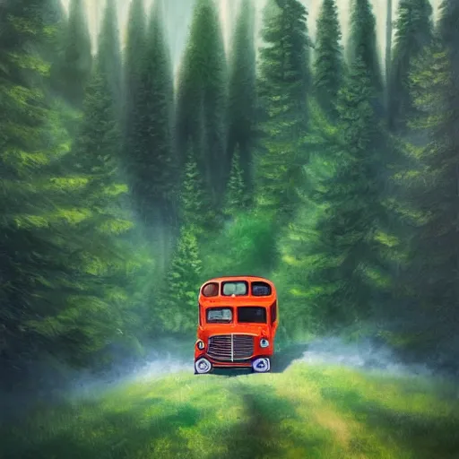 Image similar to a bus with wings [ flying above a forest and lake ], [ oil painting ]!!, trending on cgsociety, 4 k