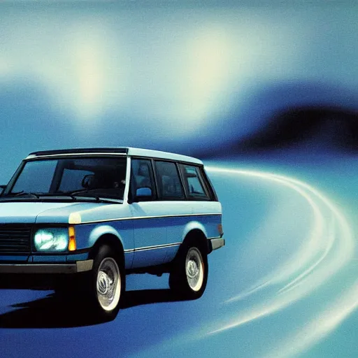 Image similar to rangerover driving down a windey road with noctoluminescent clouds in the sky, simplistic style, 1 9 8 0 s poster style