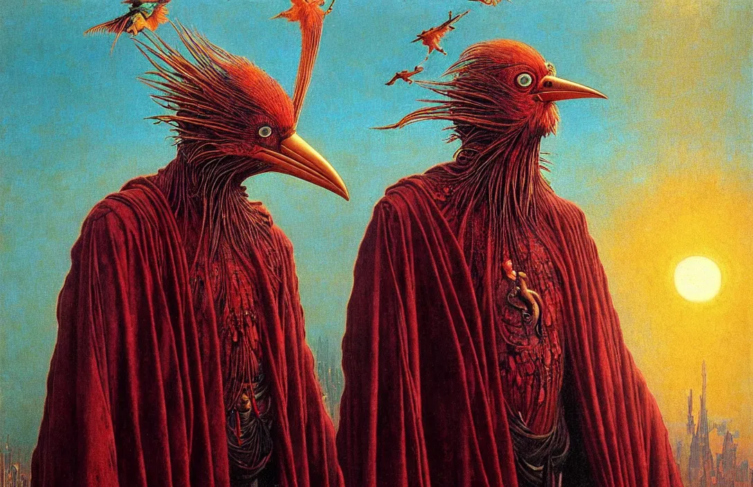 Image similar to realistic detailed portrait movie shot of a birdman wearing dark ragged robes, sci fi city sunset landscape background by denis villeneuve, amano, yves tanguy, alphonse mucha, ernst haeckel, max ernst, roger dean, masterpiece, rich moody colours, bird head, blue eyes