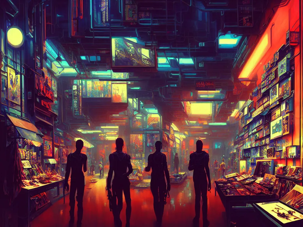 Prompt: 2 k, 4 k, masterpiece, beautiful highly detailed postmodern cyberpunk art bazaar, miscellaneous art shoppe stall, interior of cyberpunk bazaar, cinematic moody colors, welcome, to the shop, realistic shaded lighting poster by ilya kuvshinov, magali villeneuve, artgerm, jeremy lipkin and michael garmash, liminal space market