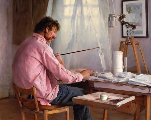 Prompt: an exhausted painter in his studio painting a picture of a pink penguin - key lighting, soft lights, foggy, by steve hanks, by lisa yuskavage, by serov valentin, by tarkovsky, 8 k render, detailed, oil on canvas