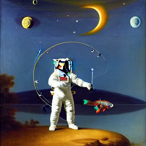 Image similar to astronaut in a spacesuit fishing and catching fish with a fishing rod from the crescent of the moon, realism, landscape