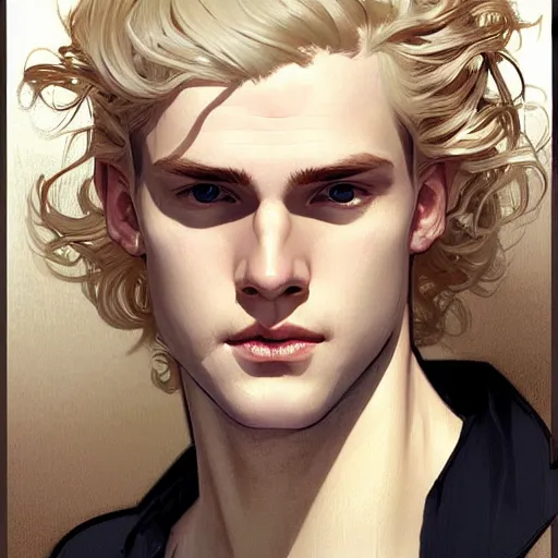 Prompt: Blond pale white Lucius with closed eyes smiling, very detailed sharp angular masculine face, hooked nose and square jaw, long fluffy curly blond hair, light blond hair, clean shaven, gorgeous, beautiful, intricate, highly detailed, digital painting, artstation, concept art, sharp focus, illustration, art by greg rutkowski and alphonse mucha