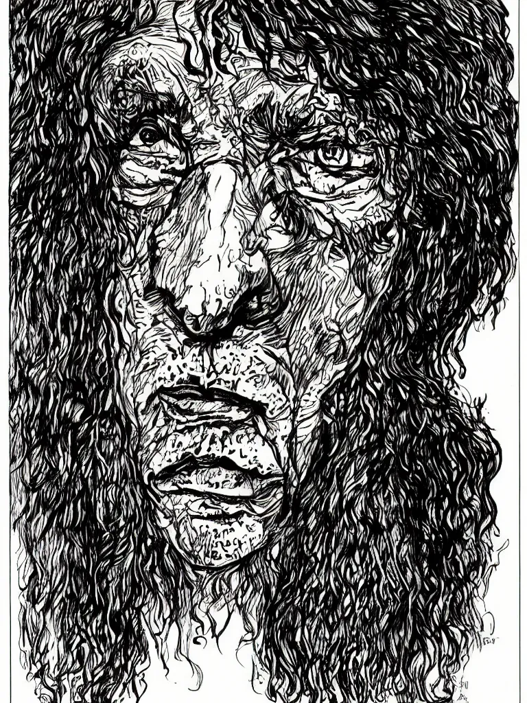 Image similar to face portrait of a shaman with a big nose and curly black hair, hand drawn illustration, ink and marker, by sergio toppi