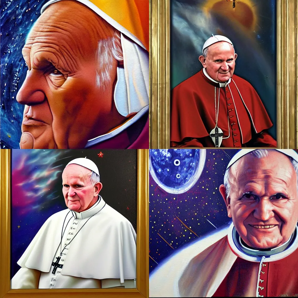 Prompt: Pope John Paul II in space dramatic oil painting