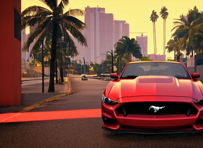 Image similar to still next - gen ps 5 game grand theft auto 6 2 0 2 4 remaster, graphics mods, rain, red sunset, people, reflections, gta vi, miami, palms and miami buildings, screenshot, unreal engine, 4 k, 5 0 mm bokeh, close - up ford mustang, gta vice city remastered, rtx, artstation