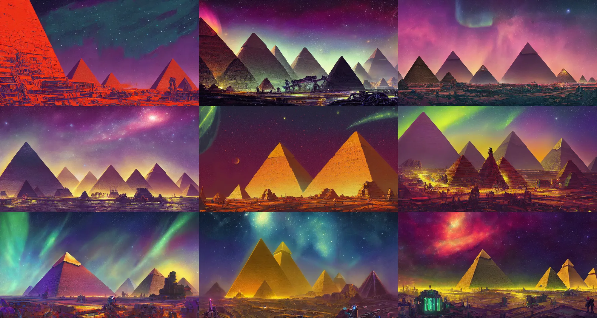 Prompt: an establishing shot of the cyberpunk pyramids of giza, digital art, detailed, robots, stars, milky way, at night time, ancient civilisation, ancient steampunk city, reflecting pool, milky way, slight aurora, muted colours, by paul lehr, jesper ejsing