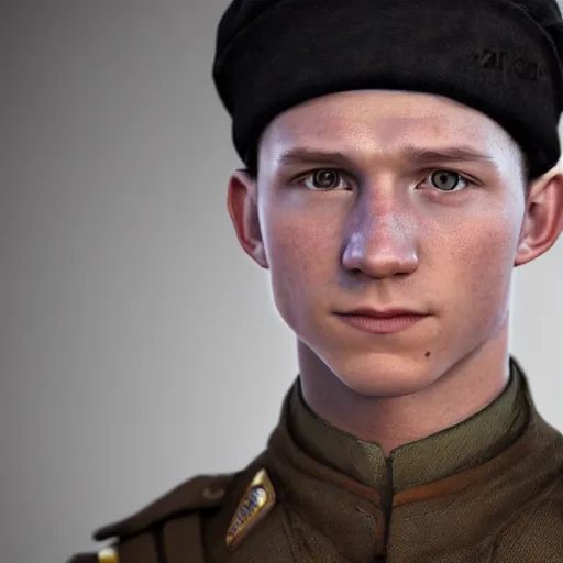 Prompt: closeup portrait of tom holland wearing russian ww 1 clothes, with black beanie on head, russian village with thach houses at background, style ivan talavera and artgerm, radiant lighting, hyper realistic, photorealistic, octane render, trending on artstation, cgsociety, cinematic light, global illumination