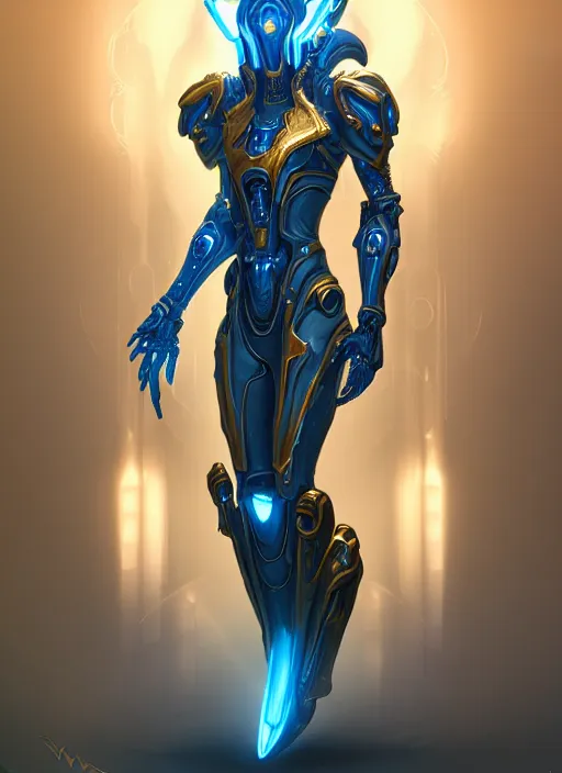 Image similar to benevolent cyborg necromancer, scifi, futurism, white, blue, gold, protoss, warframe, highly detailed, trending on artstation, soft light, sharp edges, illustration, character design, art by vitaly bulgarov and nivanh chanthara