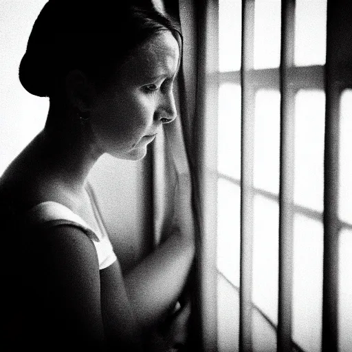 Image similar to black and white photograph portrait of a depressed 35 years old woman standing by the window, natural light, lomo, film grain, soft vignette, sigma 85mm f/1.4 1/10 sec shutter