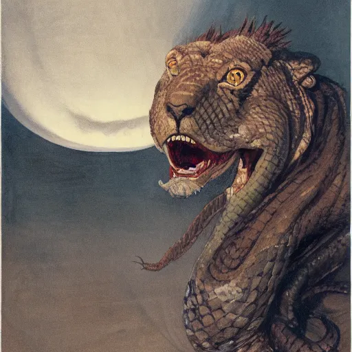 Image similar to coiled rattlesnake neck eyes fangs serpent serpent python wearing a lion lion costume neck tall long snake viper j.m.w. turner greg rutkowski giorgio de chirico william merritt chase ralph steadman arsen savadov dan witz uta natsume aquatint