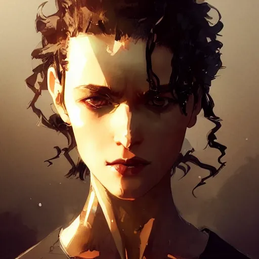 Image similar to a beautiful girl with short curly brown hair in a ponytail, a pointy chin, a sly smile, dramatic lighting, illustration by Greg rutkowski, yoji shinkawa, 4k, digital art, concept art, trending on artstation