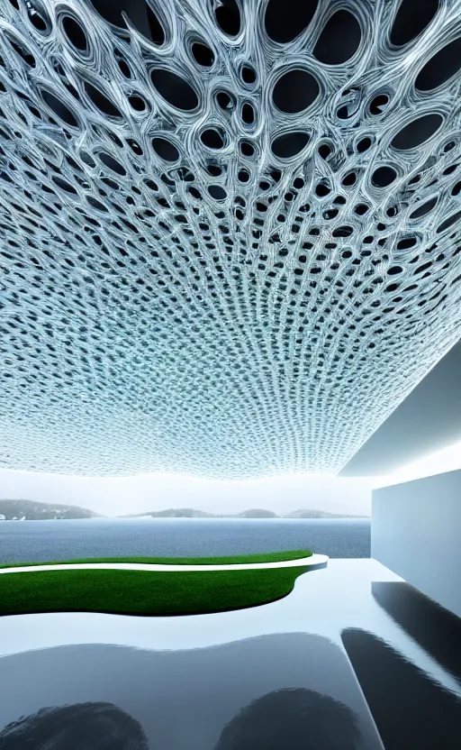 Image similar to villa parametric architecture fluid design, vincent callebaut well - defined style, ultra detailed, monochromatic, natural lighting, volumetric lighting, generative art nebula, cinematic, photo realistic, hyper real, surreal design, flow everywhere, walls made of crystal clear water, droplets on the walls, black metal, magnesium, 8 k,