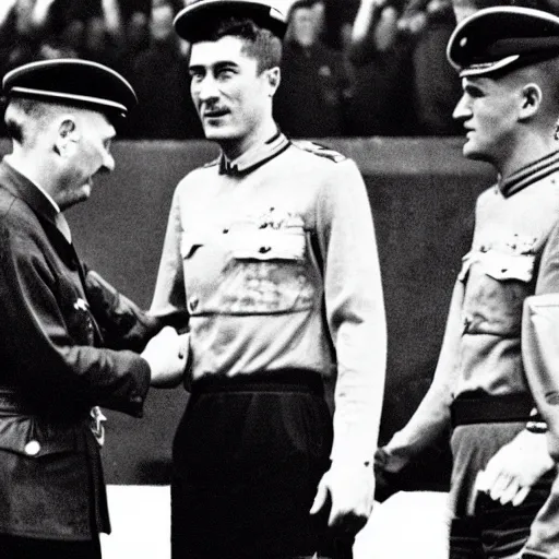 Prompt: robert lewandowski shaking hands with german dictator