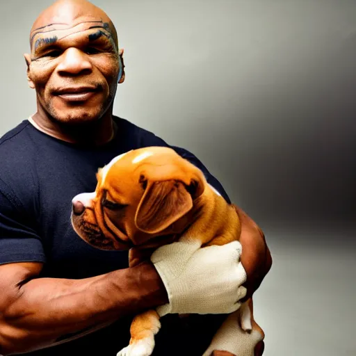 Prompt: 15mm wide shot of mike tyson holding a puppy