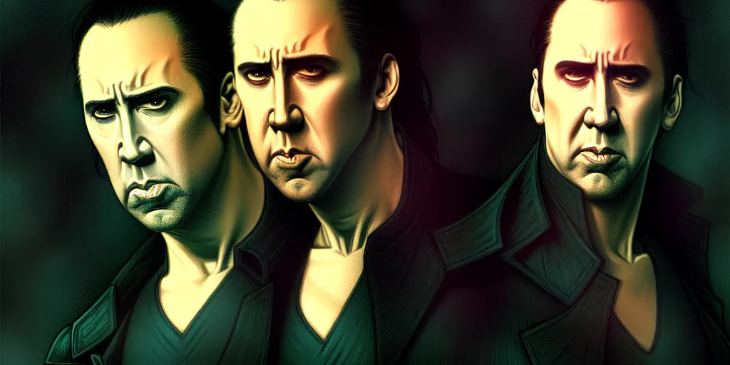 Prompt: nicholas cage as neo, the matrix, cinematic, highly detailed, digital painting, artstation, concept art, matte, sharp focus, illustration, art by artgerm and greg rutkowski and alphonse mucha