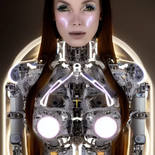 Image similar to beautiful centered Fine art photo portrait of enrapture Allison Parker as a solarpunk robotic humanoid, white mechanical parts with led lights, photorealistic, white background, highly detailed and intricate, sunset lighting, HDR 8k