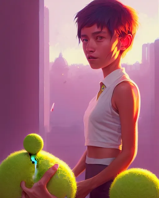 Image similar to highly detailed vfx portrait of a character of a tennis ball monster stephen bliss, unrealengine, greg rutkowski, loish, rhads, beeple, makoto shinkai and lois van baarle, ilya kuvshinov, rossdraws, tom bagshaw,