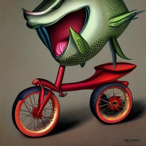 Image similar to a fish on a tricycle, lowbrow painting by mark ryden