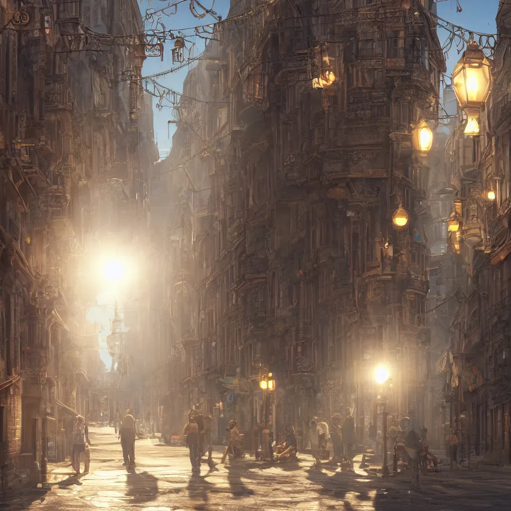 Prompt: photorealistic steampunk city streets. daylight. sunlight. lens flare. light fixtures. 8K. detailed. photorealism. artstation. 25mm f/1.7 ASPH Lens. ultra realistic