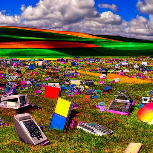 Image similar to colorful bliss windows xp screensaver with many broken dilapidated old computers graveyard, wide angle lens