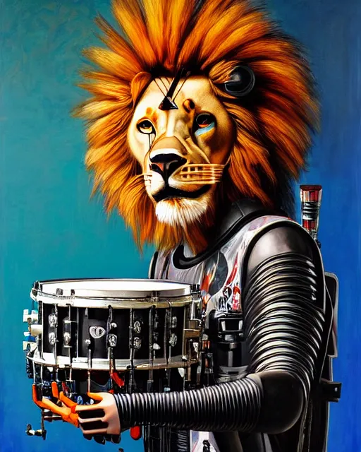 Prompt: a portrait of an anthropomorphic cyberpunk lion playing the snare drum with drumsticks by sandra chevrier, by jon foster, detailed render, tape deck, epic composition, cybernetics, 4 k realistic, cryengine, realistic shaded lighting, sharp focus, masterpiece, by enki bilal