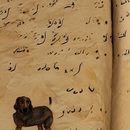 Prompt: fragment of dead sea scrolls with hebrew writing and drawing of a dachshund