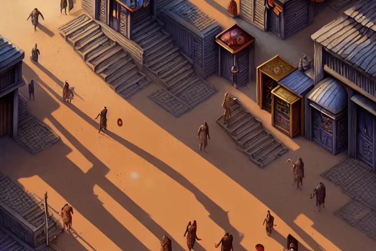 Image similar to isometric view of a highly detailed bazaar street in the dune city of tyr from the land of athas, amazing dark sun digital painting, by gerald brom, brom digital art, intricate details, ultra realistic, beautiful art, volumetric lighting, warm colors advance cool colors recede, by brom, trending cgsociety, artstation, rim lighting, 8 k