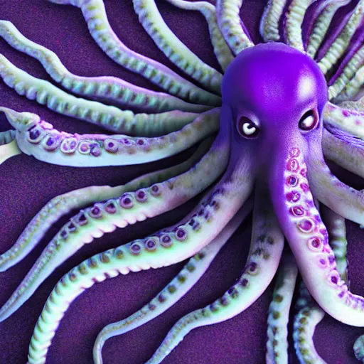 Image similar to a photo of 8k ultra realistic evil purple squid, full body, intricate purple and blue tentacles, ornate