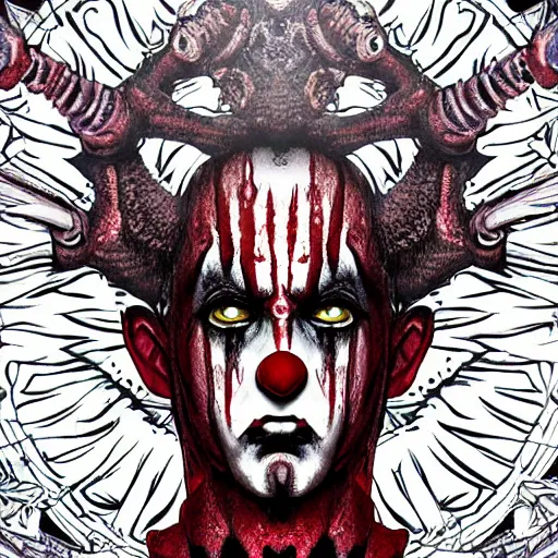 Prompt: 4K headshot of scary clown with defined arms and open hands and bloody clothes with giant mandala wings , intricate face , flawless anime cel animation by Kentaro Miura, psychedelic , highly detailed upper body , professionally post-processed , beautiful, scary, symmetry accurate features, epic, octane rendered, anime masterpiece, accurate