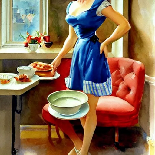 Prompt: woman making breakfast watercolor painting by gil elvgren and vladimir volegov