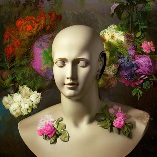 Prompt: award winning masterpiece with incredible details, a surreal gigantic marble bust vaporwave vaporwave vaporwave vaporwave vaporwave painting by Thomas Cole of an old pink mannequin head with flowers growing out, sinking underwater, highly detailed, reality is an illusion