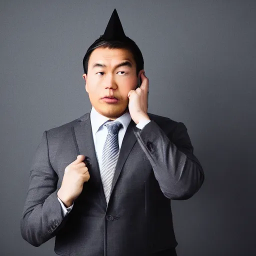 Image similar to asian man in suit distraught wearing birthday hat, office, realistic photo, studio lighting, wide angle dynamic portrait