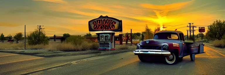 Image similar to a sunset light landscape with historical route 6 6, lots of sparkling details and sun ray ’ s, blinding backlight, smoke, volumetric lighting, colorful, octane, 3 5 mm, abandoned gas station, old rusty pickup - truck, beautiful epic colored reflections, very colorful heavenly, softlight