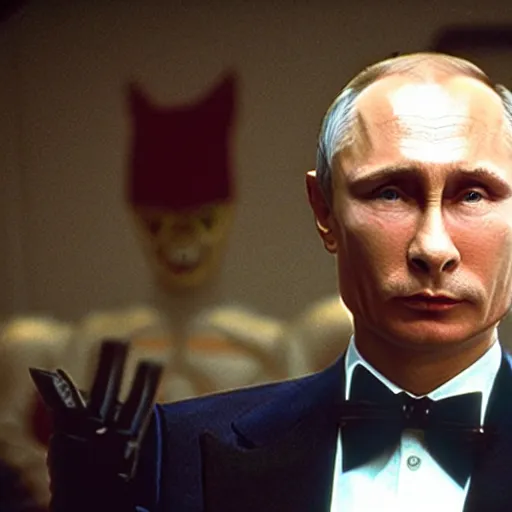 Image similar to Vladimir Putin as a villain in the Power Rangers movie from 1995, fighting, close-up, still