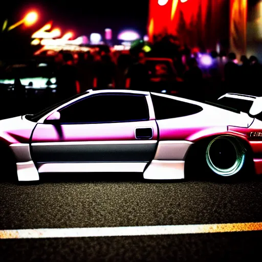 Image similar to a car 300ZX twin turbo drift at illegal car meet, Shibuya prefecture, city midnight mist lights, cinematic lighting, photorealistic, highly detailed wheels, high detail