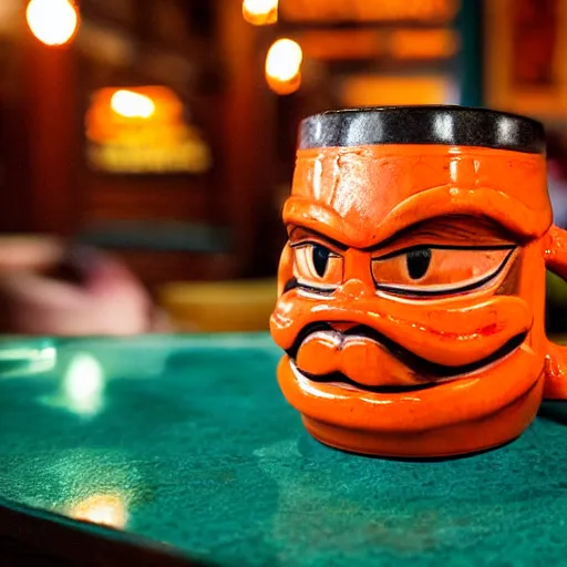 Image similar to a closeup photorealistic photograph of an orange cat garfield style tiki mug at a trader vic's bar with garfield's face on the front. tiki party. bright scene. fine detail. this 4 k hd image is trending on artstation, featured on behance, well - rendered, extra crisp, features intricate detail, epic composition and the style of unreal engine.