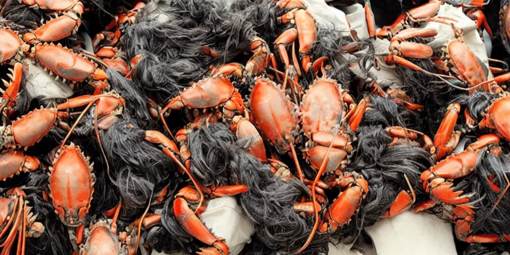 Image similar to wigs on crabs with hair, under arrest, arrested, lobster