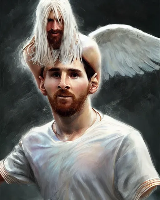 Prompt: messi, the one - winged!!!!!!! angel, male!!!!!!!, long white hair, by daniel gerhartz, trending on artstation