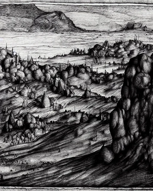 Image similar to landscape of battlefield, hyper realism, fine details, deviantart artstation, extremely detailed, black and white, very sharp, in the style of albrecht durer, etching,