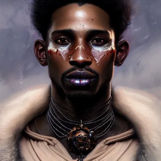 Prompt: portrait painting of a beautiful black man with cut scars and cropped hair wearing a tattered fur coat, ultra realistic, concept art, intricate details, eerie, highly detailed, photorealistic, octane render, 8 k, unreal engine. art by artgerm and greg rutkowski and charlie bowater and magali villeneuve and alphonse mucha