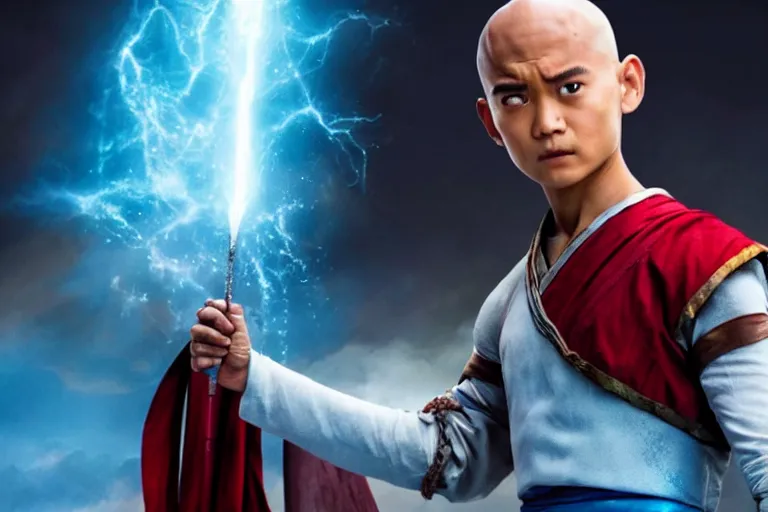 Prompt: live action film still of aang in the new fantasy movie, cinematic lighting