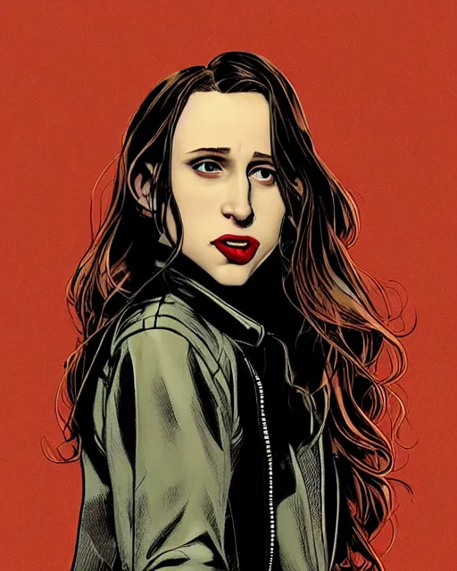 Prompt: in the style of Rafael Albuquerque comicbook art and Joshua Middleton, moody lighting, beautiful evil vampire Taissa Farmiga, sharp vampire fangs, evil smile showing fangs, symmetrical eyes, realistic face, symmetrical face, brown leather jacket, jeans, long black hair, full body